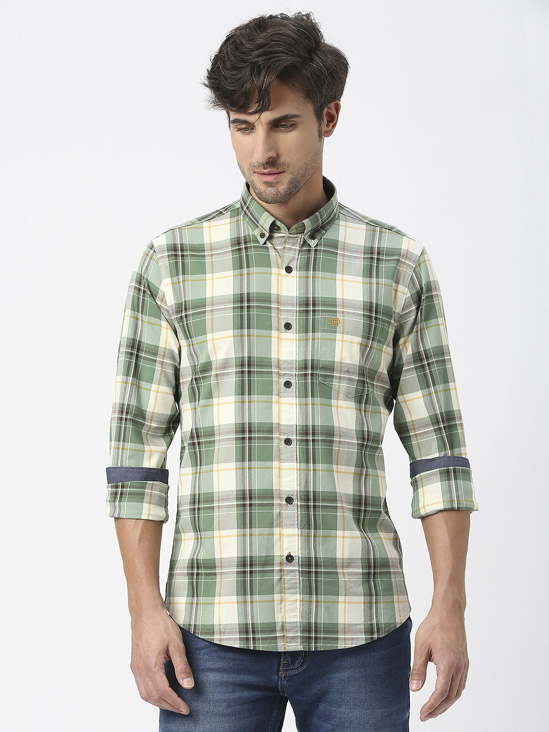 Lake Green Twill Stretch Checked Shirt With Button Down Collar