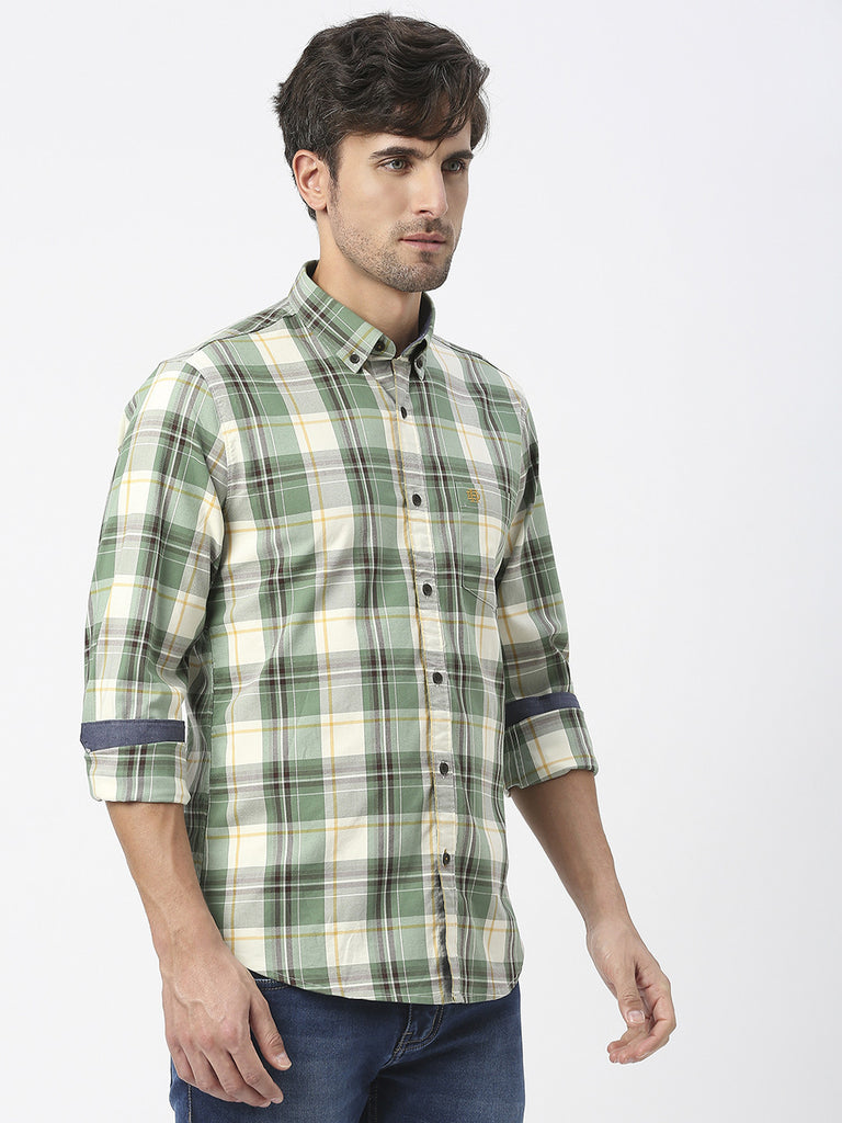 Lake Green Twill Stretch Checked Shirt With Button Down Collar