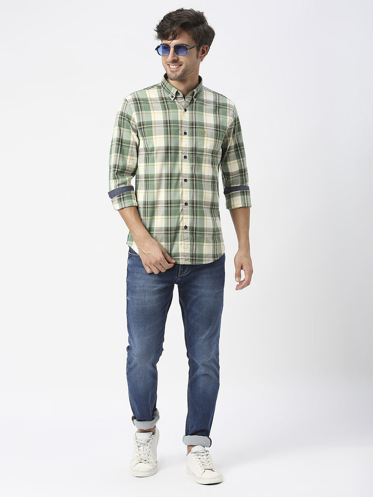 Lake Green Twill Stretch Checked Shirt With Button Down Collar