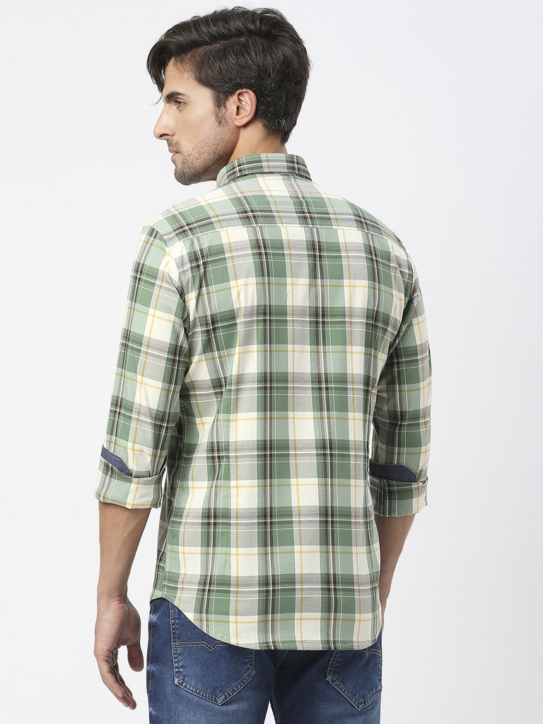 Lake Green Twill Stretch Checked Shirt With Button Down Collar