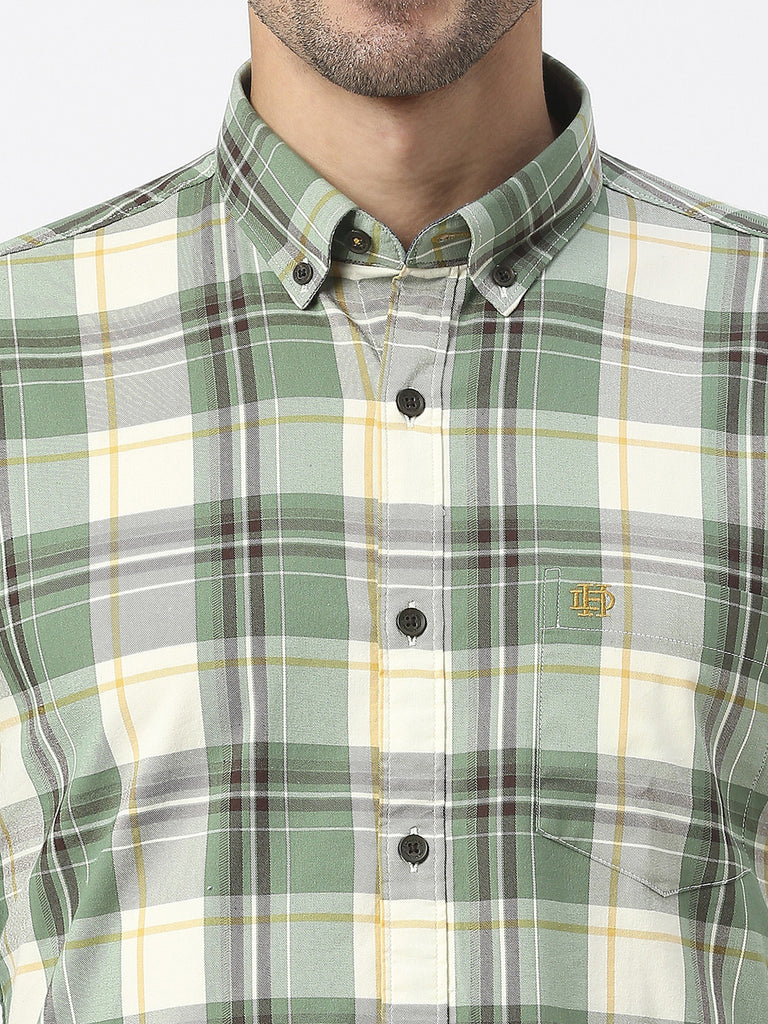 Lake Green Twill Stretch Checked Shirt With Button Down Collar