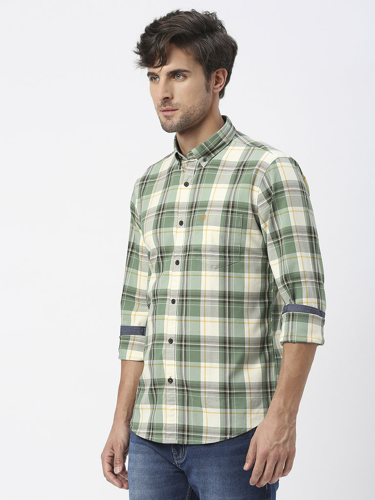 Lake Green Twill Stretch Checked Shirt With Button Down Collar