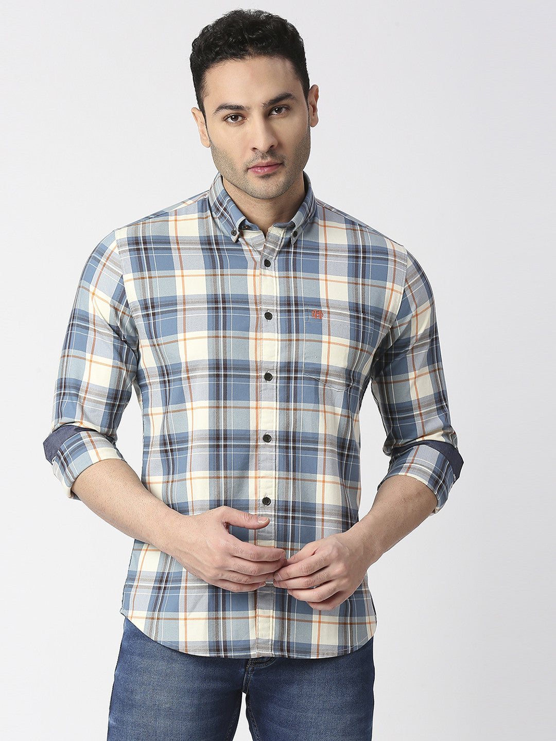 AF Blue Twill Stretch Checked Shirt With Button Down Collar