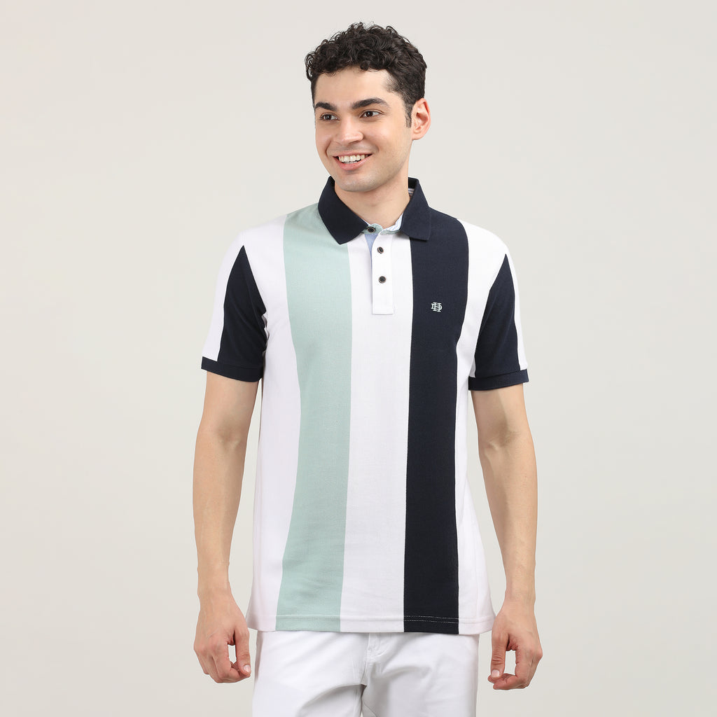 Pistachio Pique Lycra Vertical Stripes Polo T-shirt With Contrast Collar