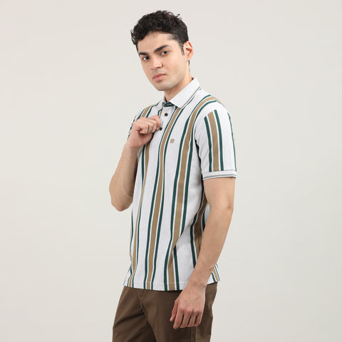 Vanilla Pique Lycra Vertical Stripes Polo T-shirt With Contrast Collar