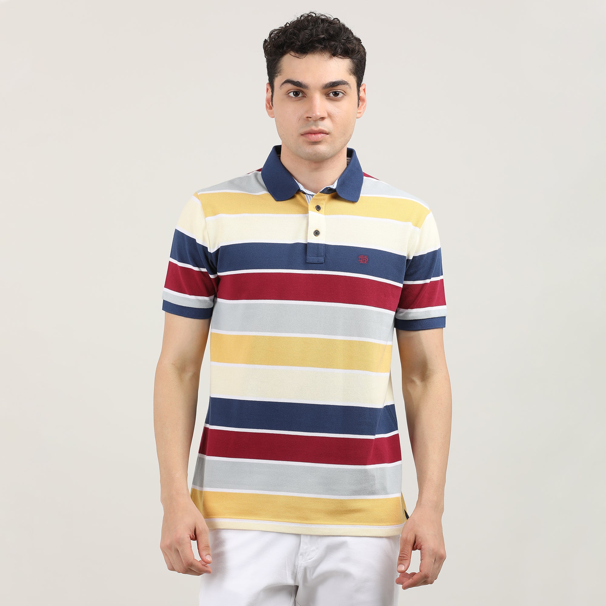 Lemon Pique Stripes Polo T-shirt With Tipping Collar