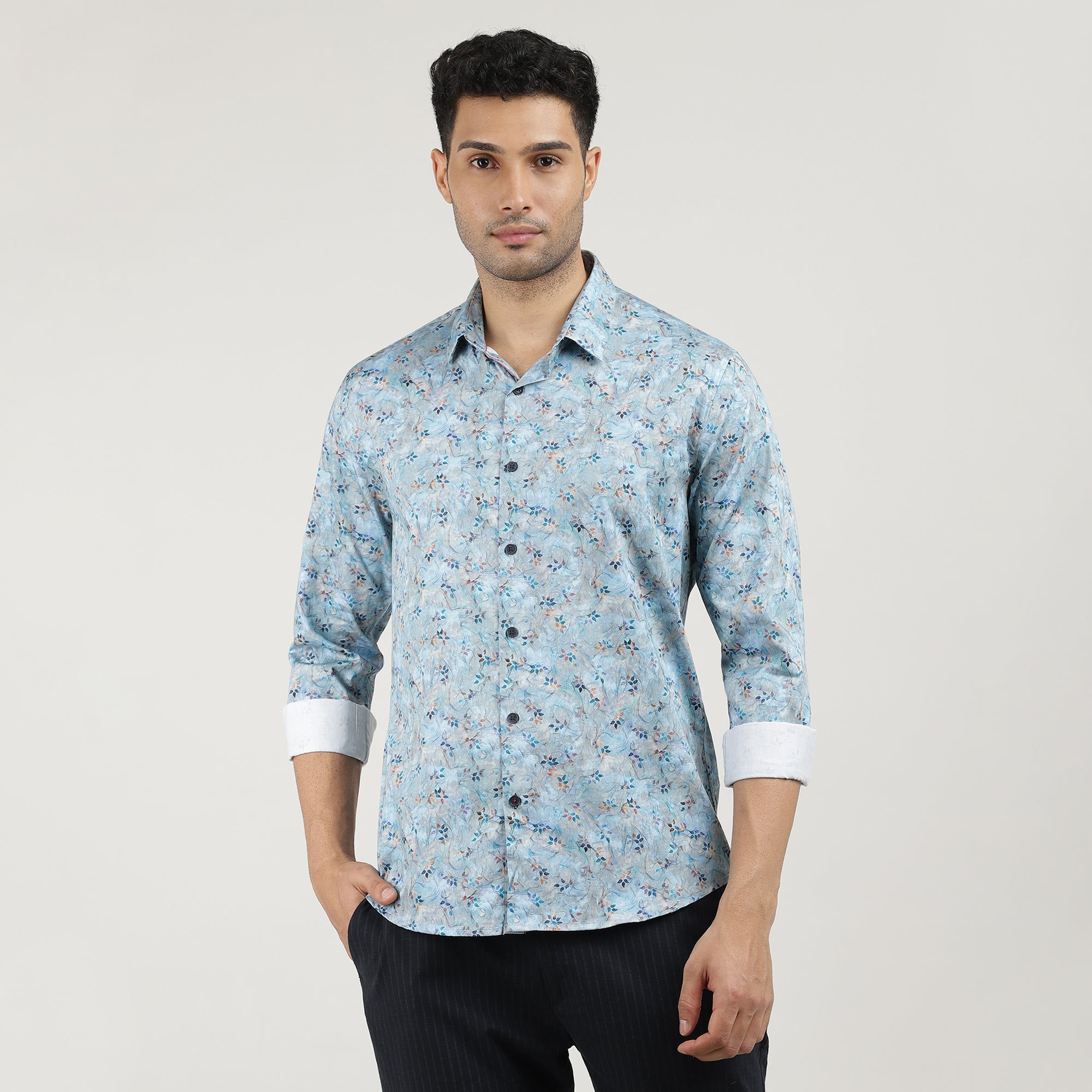 Aqua Poplin Printed Shirt with Pocket