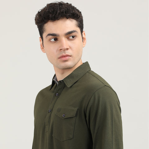 OLIVE-CORD LYCRA-FULL SLEEVES-POLO-TSHIRT-AW24