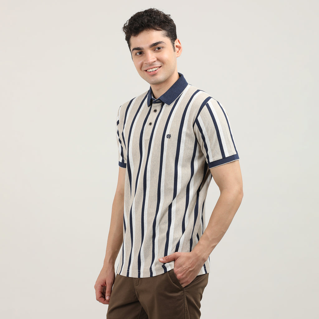 Fawn Pique Lycra Vertical Stripes Polo T-shirt With Contrast Collar