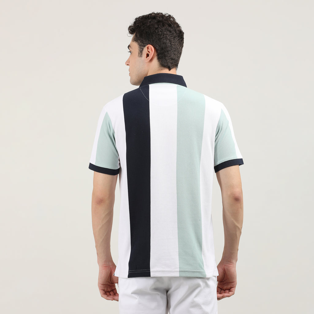 Pistachio Pique Lycra Vertical Stripes Polo T-shirt With Contrast Collar