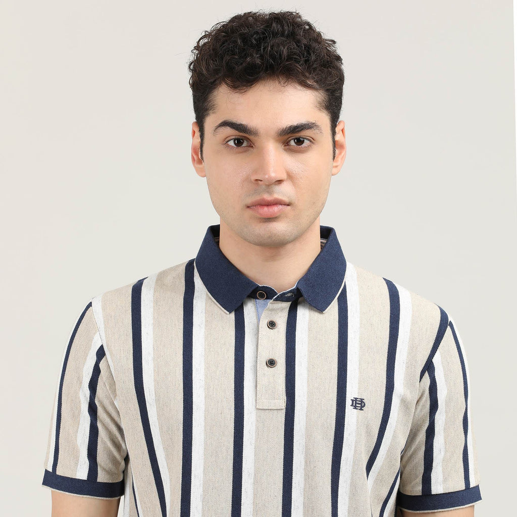 Fawn Pique Lycra Vertical Stripes Polo T-shirt With Contrast Collar