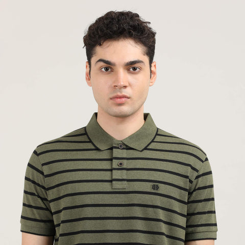 Olive Pique Lycra Stripes Polo T-shirt With Contrast Collar