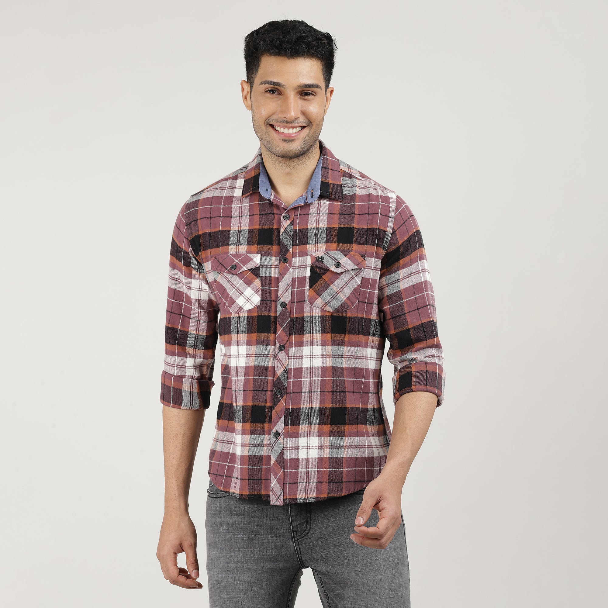 Onion Brushed Checks Shirt With Double Pocket