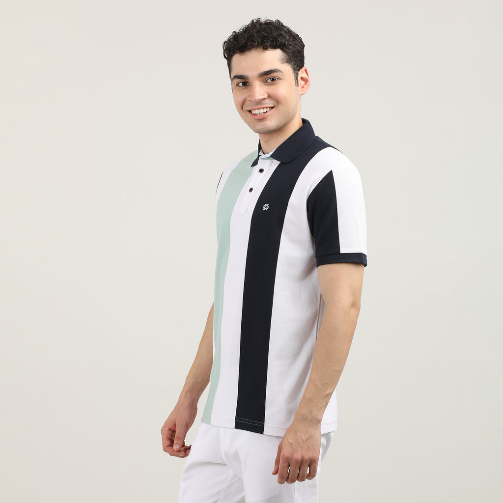 Pistachio Pique Lycra Vertical Stripes Polo T-shirt With Contrast Collar