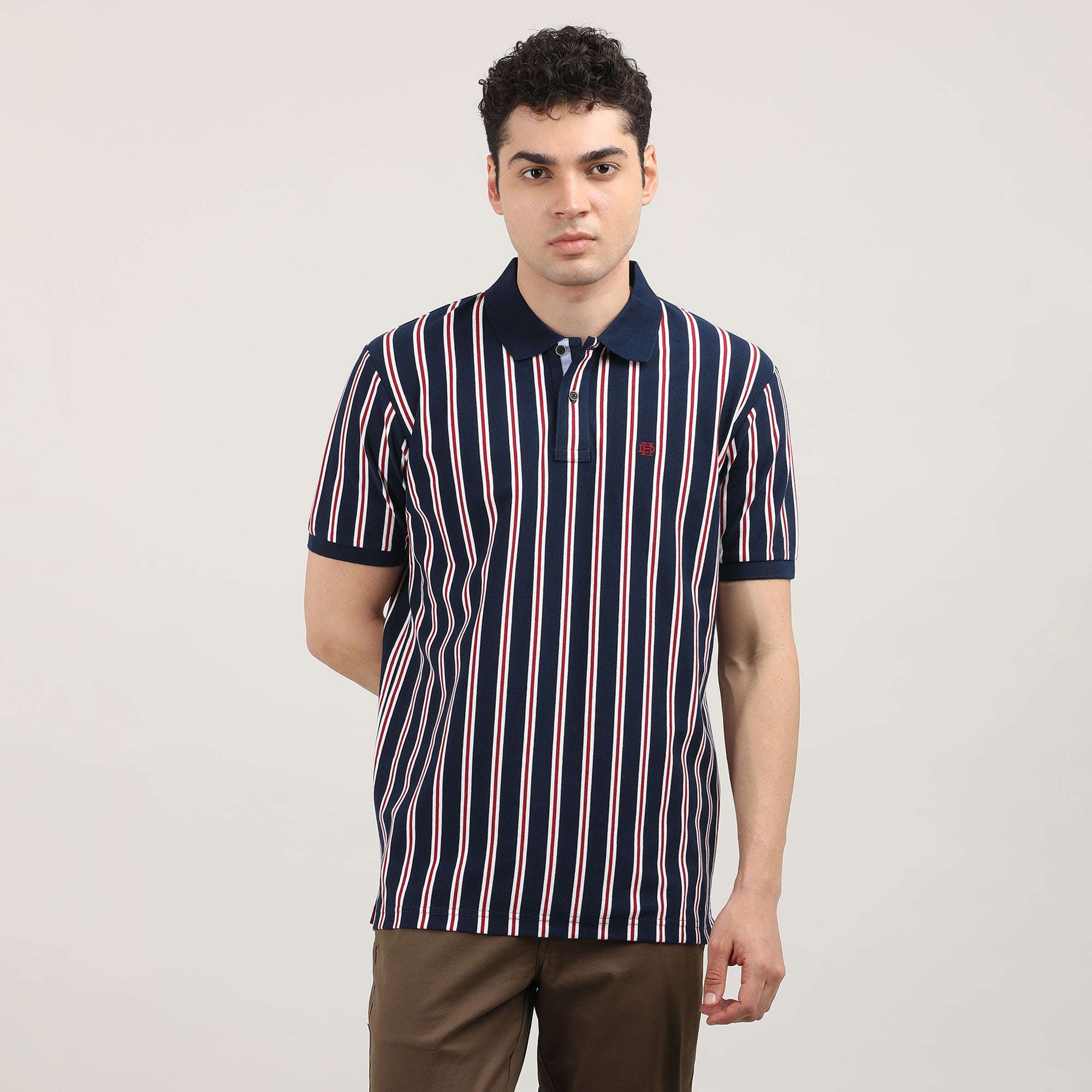 Navy Blue Pique Lycra Vertical Stripes Polo T-shirt With Contrast Collar