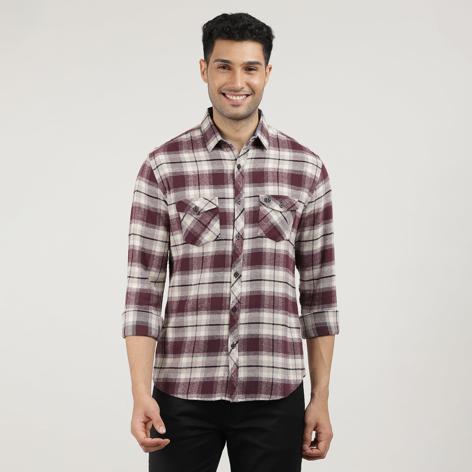 Wine Brushed Checks Shirt With Double Pocket