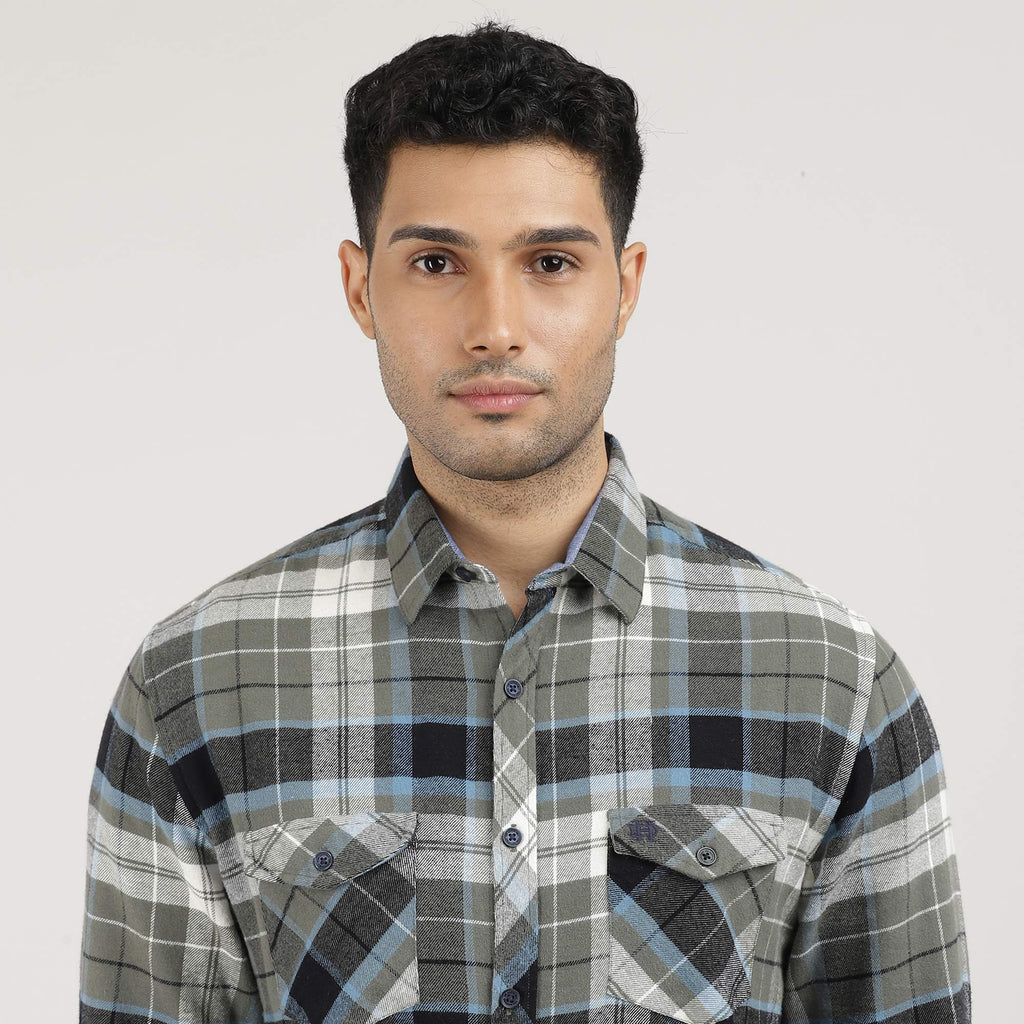 Forest Brushed Checks Shirt With Double Pocket