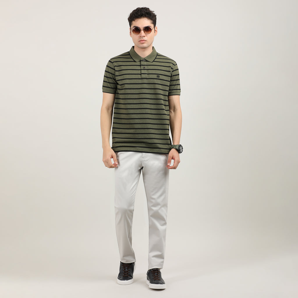 Olive Pique Lycra Stripes Polo T-shirt With Contrast Collar