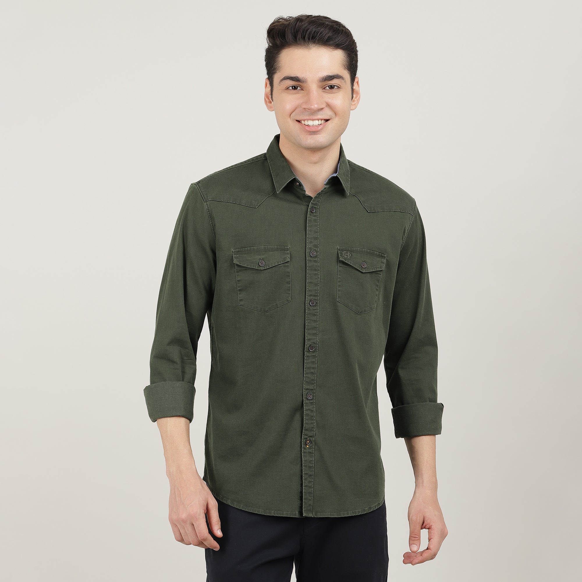 OLIVE, FULL SLEEVES SHIRT, DOUBLE POCKET FLAP, PLAIN-AW24