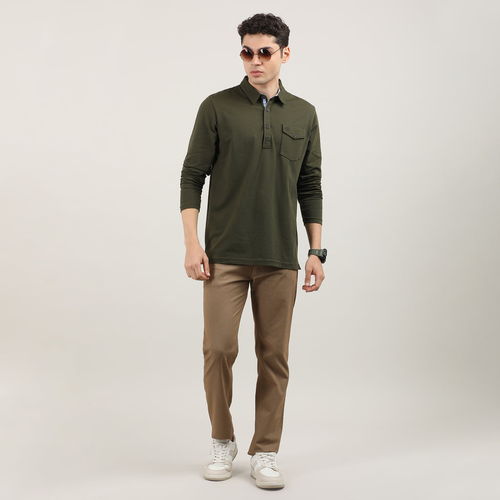 OLIVE-CORD LYCRA-FULL SLEEVES-POLO-TSHIRT-AW24