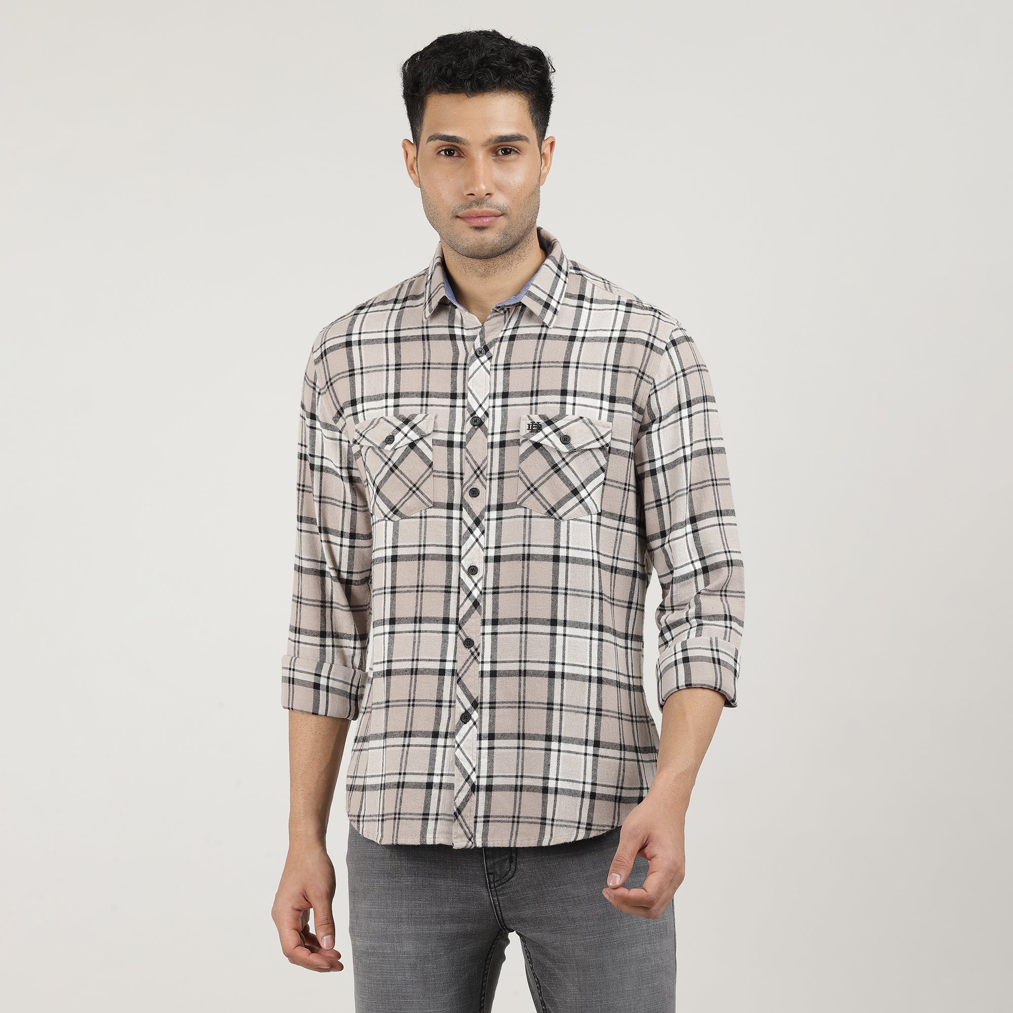 Biscoff Brushed Checks Shirt With Double Pocket