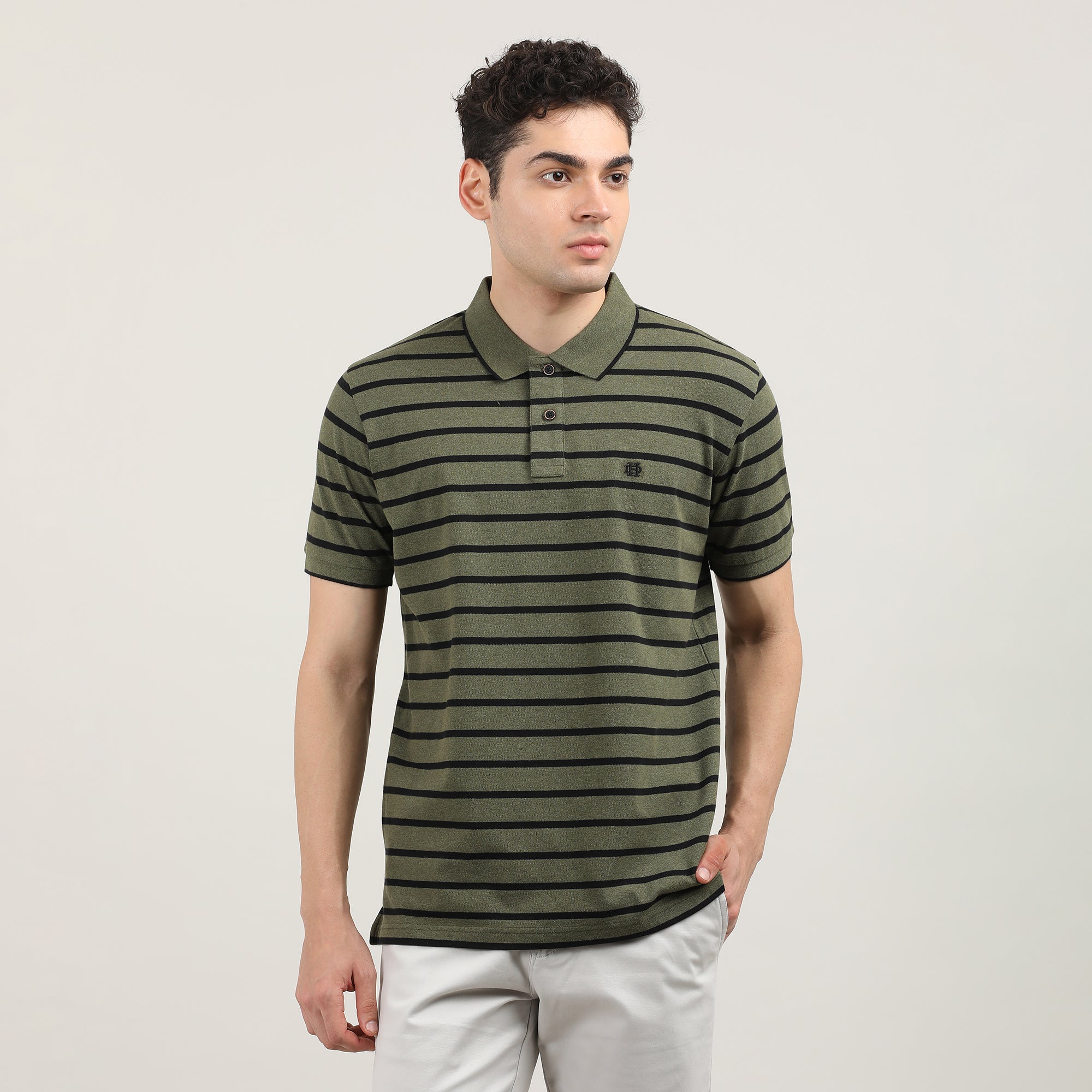 Olive Pique Lycra Stripes Polo T-shirt With Contrast Collar