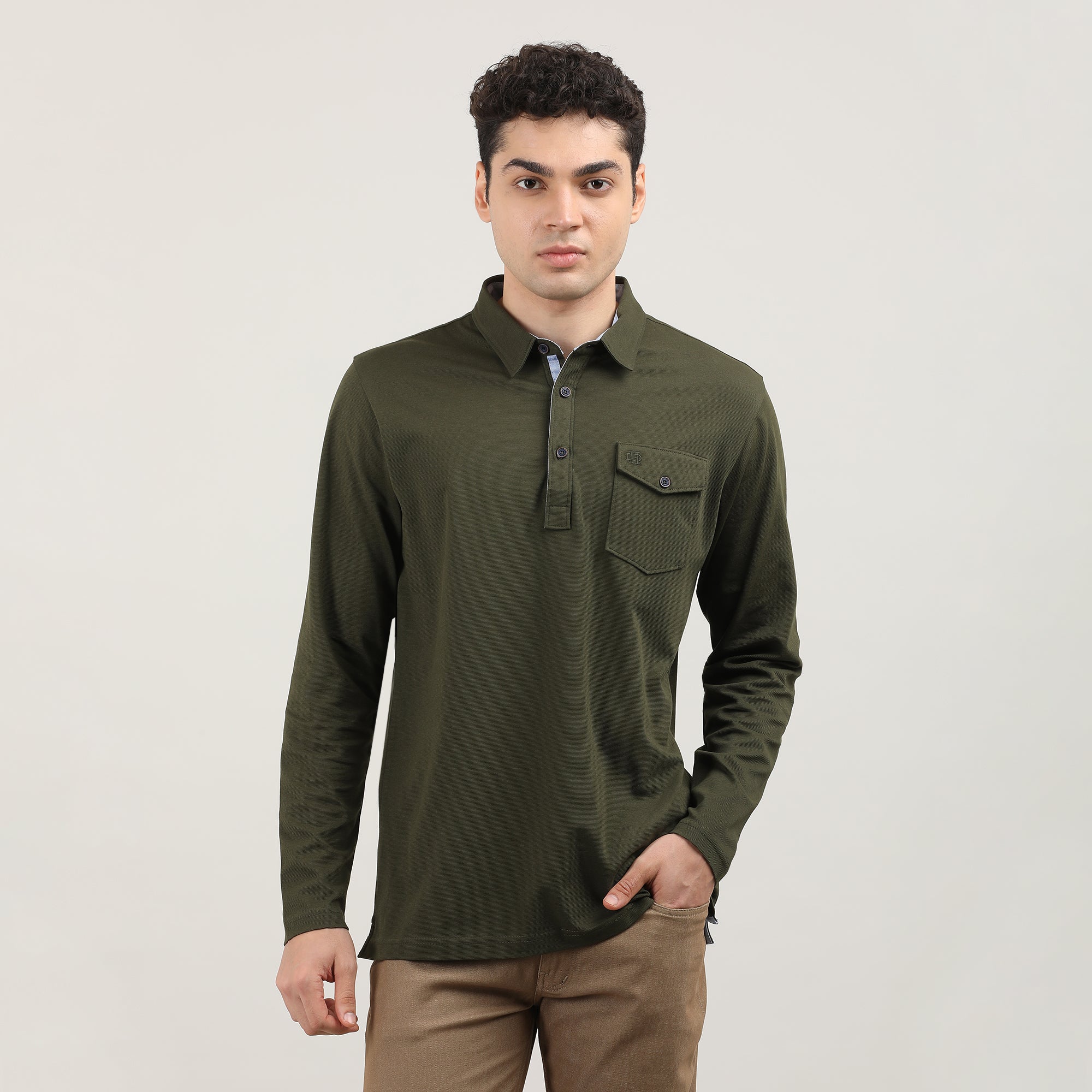 OLIVE-CORD LYCRA-FULL SLEEVES-POLO-TSHIRT-AW24