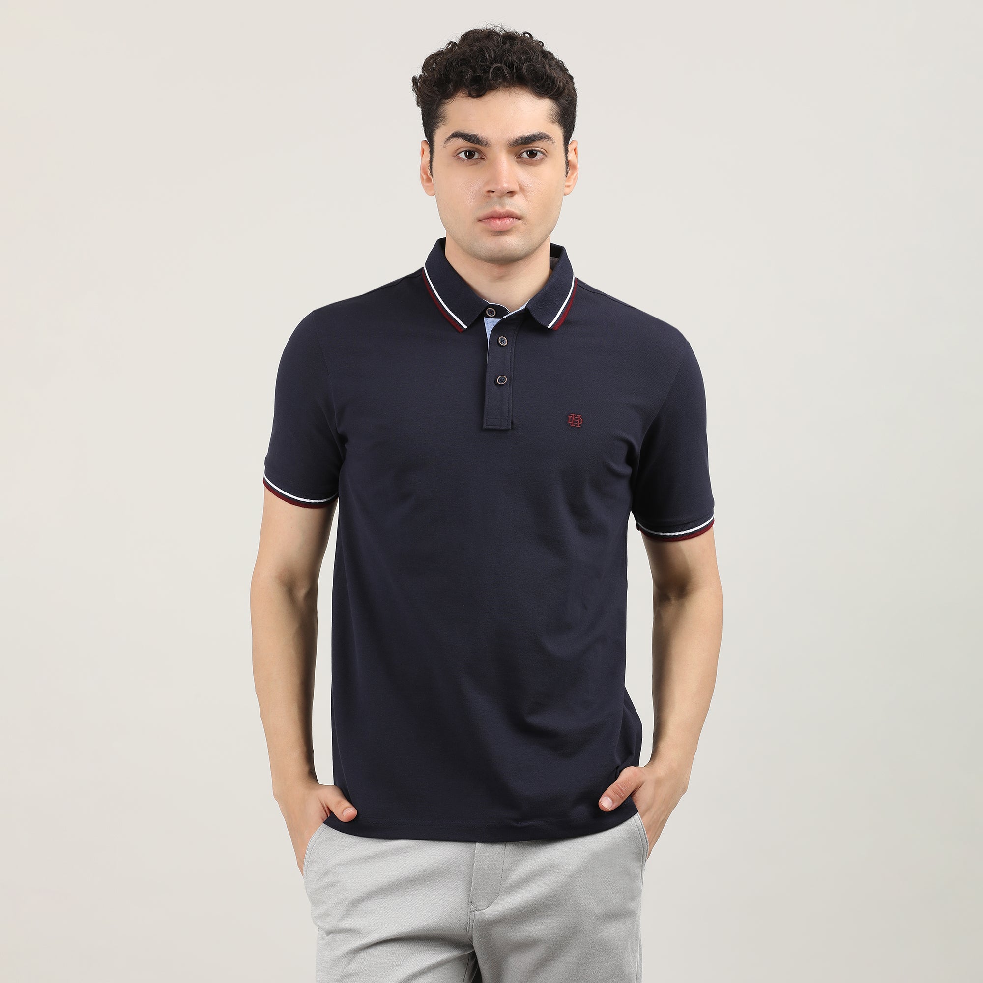 Navy Blue Pique Polo T-shirt With Tipping collar