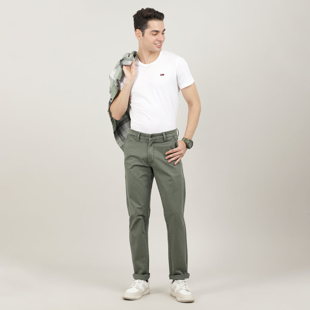 Olive-Washed Cotton Trousers-Slim Tapered Fit