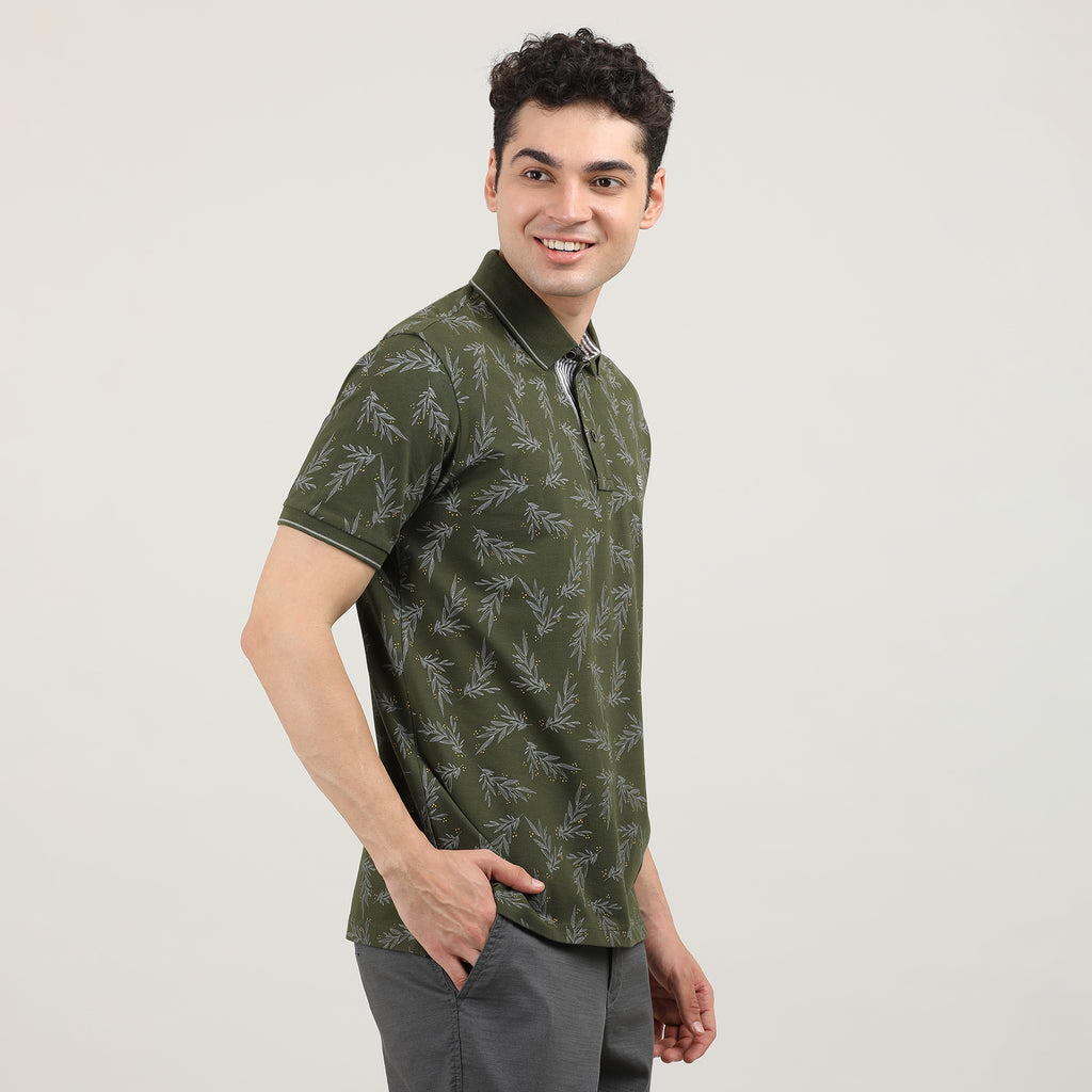 Olive Printed Polo T-shirt With Tipping Collar