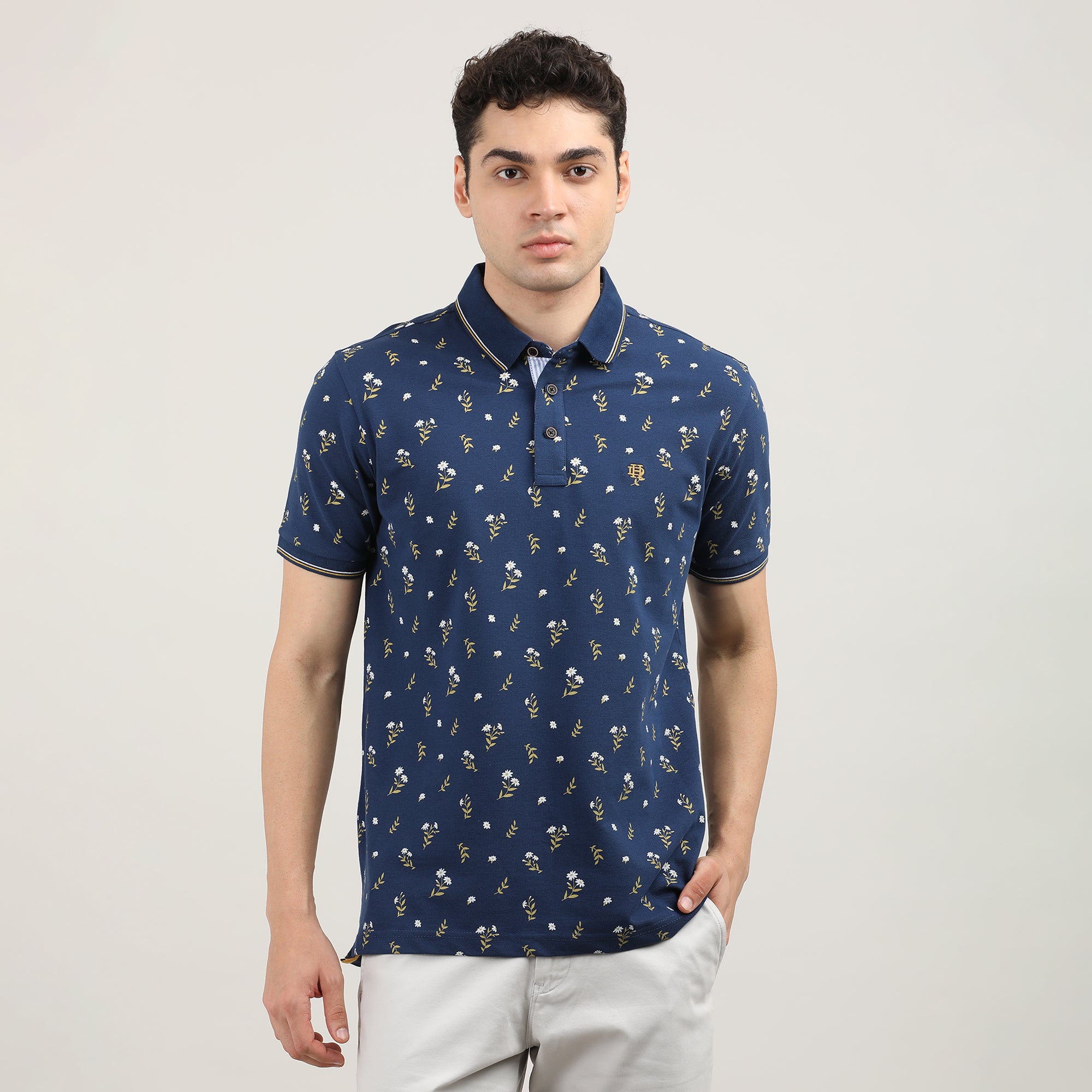 Royal Blue  Printed Polo T-shirt With Tipping Collar