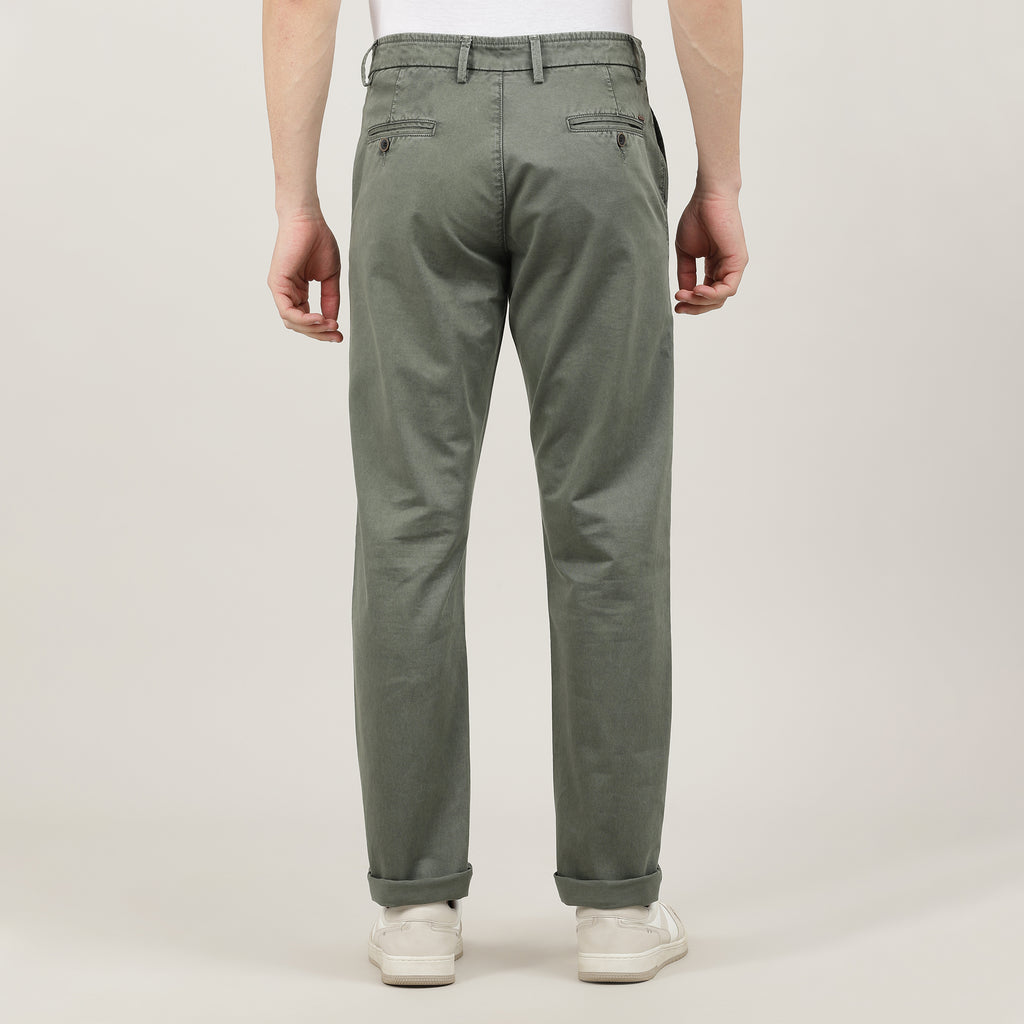 Olive-Washed Cotton Trousers-Slim Tapered Fit