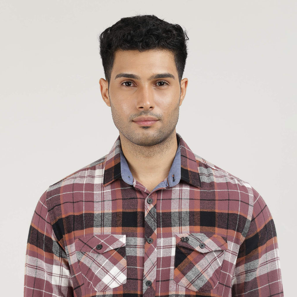 Onion Brushed Checks Shirt With Double Pocket