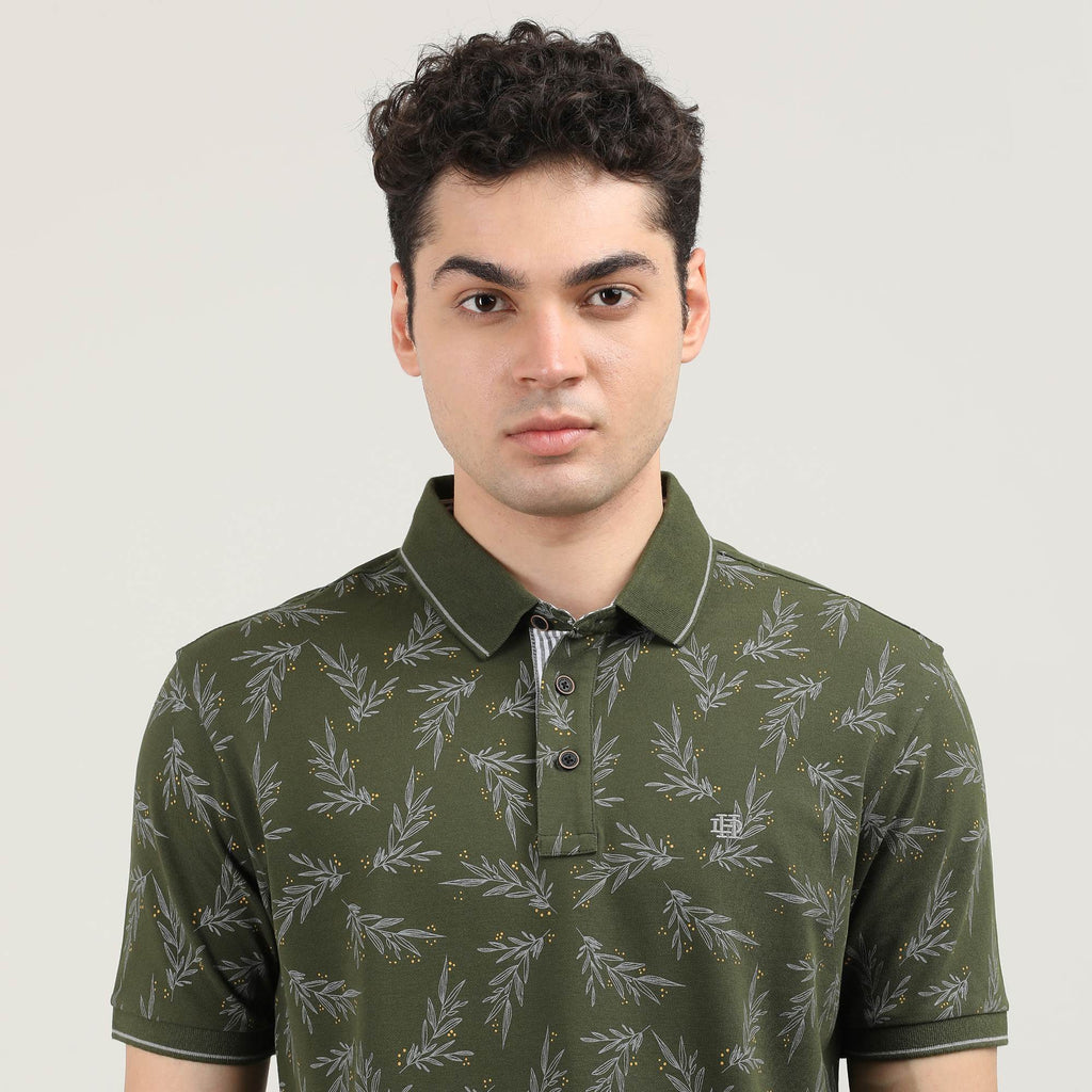 Olive Printed Polo T-shirt With Tipping Collar