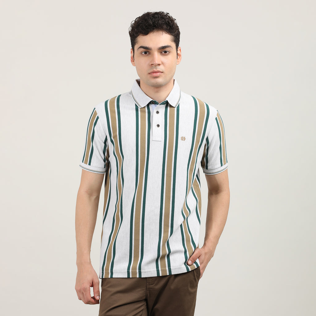 Vanilla Pique Lycra Vertical Stripes Polo T-shirt With Contrast Collar