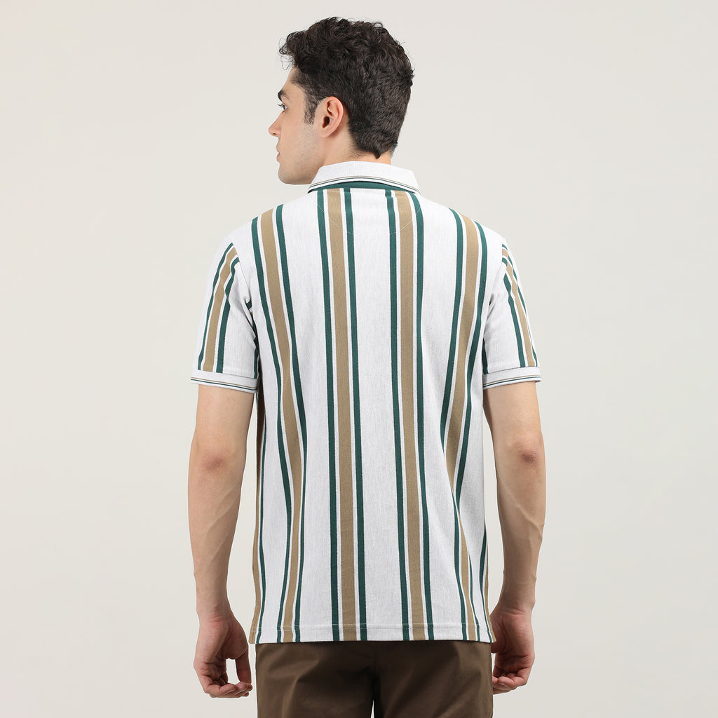 Vanilla Pique Lycra Vertical Stripes Polo T-shirt With Contrast Collar