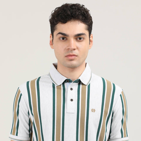 Vanilla Pique Lycra Vertical Stripes Polo T-shirt With Contrast Collar