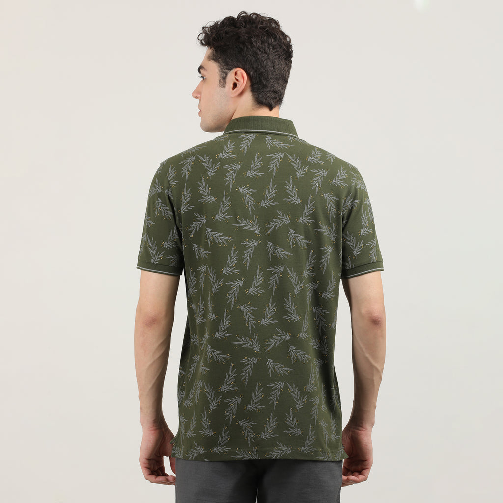 Olive Printed Polo T-shirt With Tipping Collar