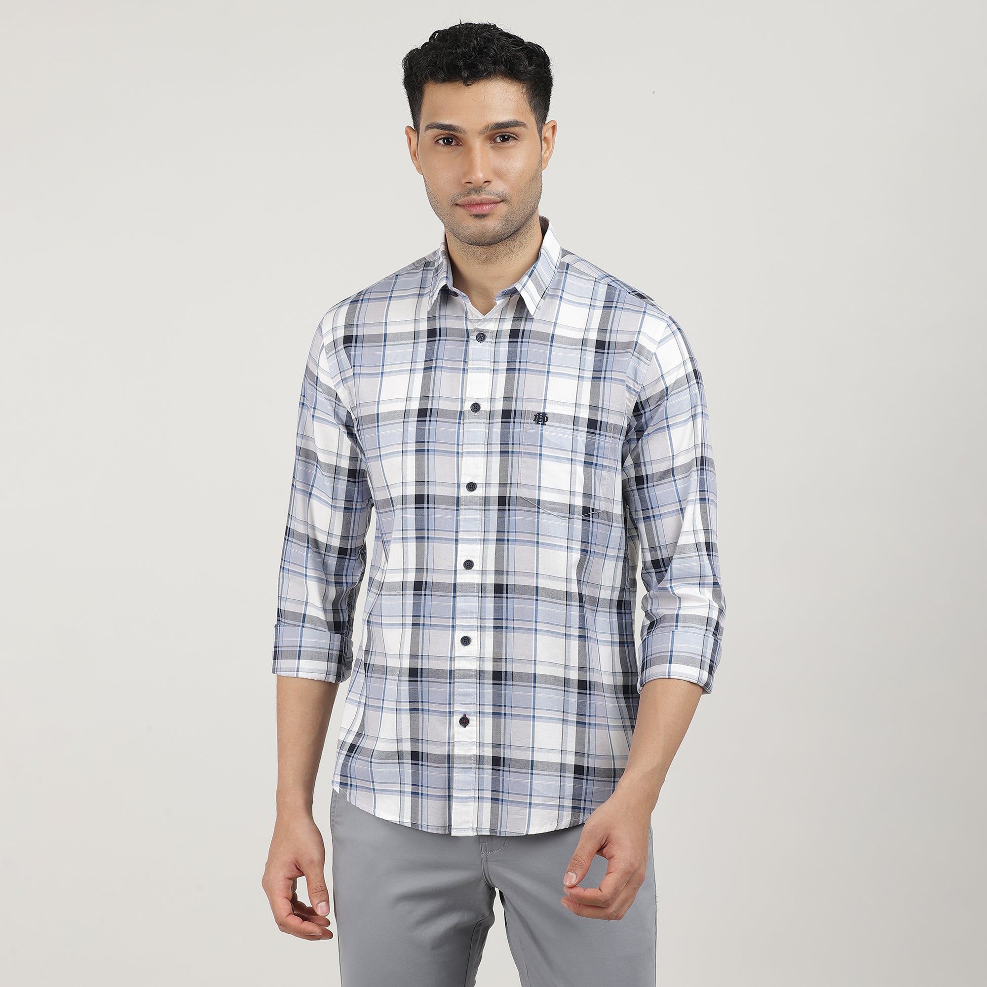 Sky Oxford Checks Shirt With Pocket