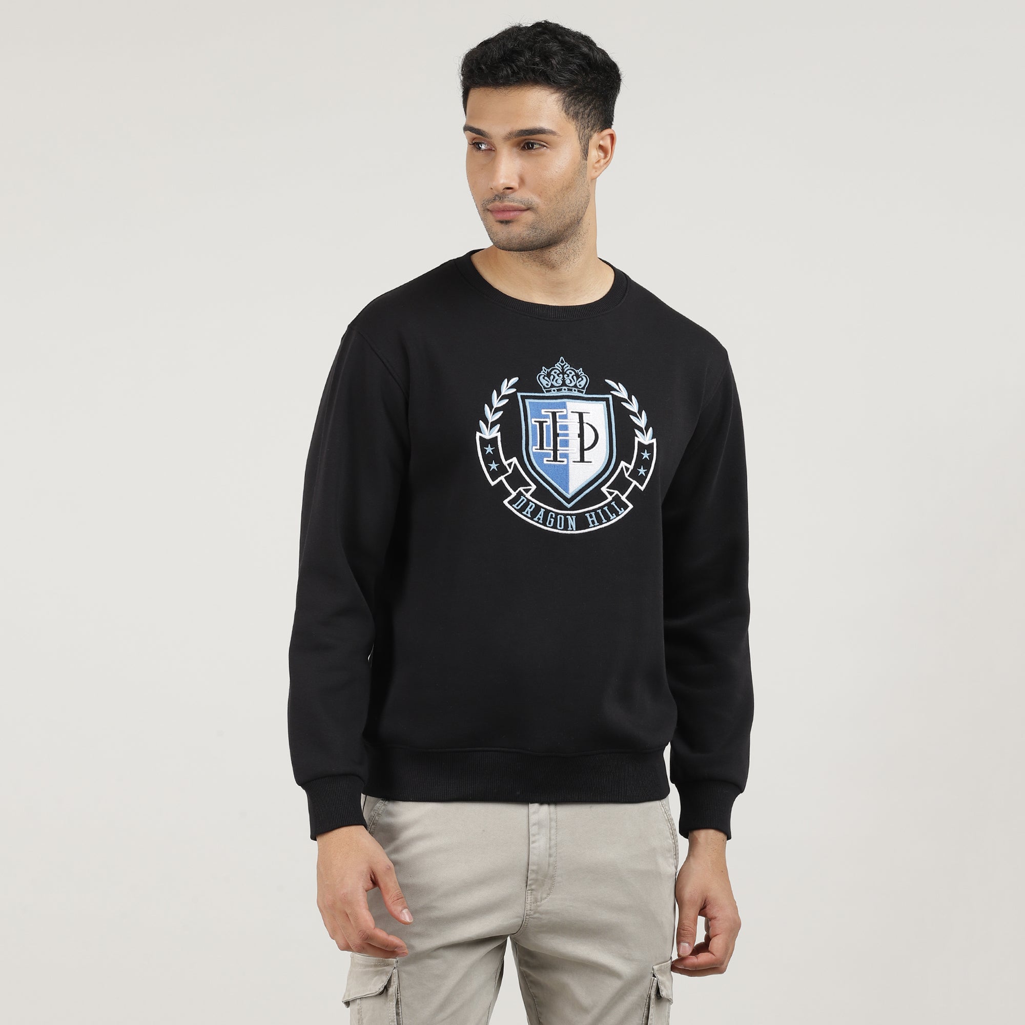 Black Varsity Round Neck Sweatshirt