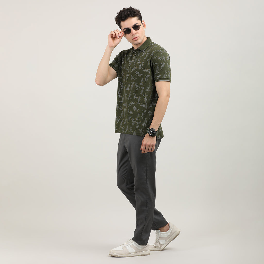 Olive Printed Polo T-shirt With Tipping Collar