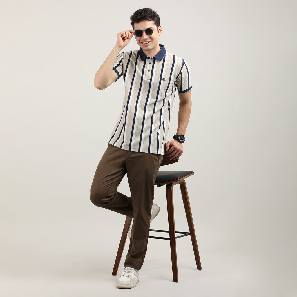 Fawn Pique Lycra Vertical Stripes Polo T-shirt With Contrast Collar