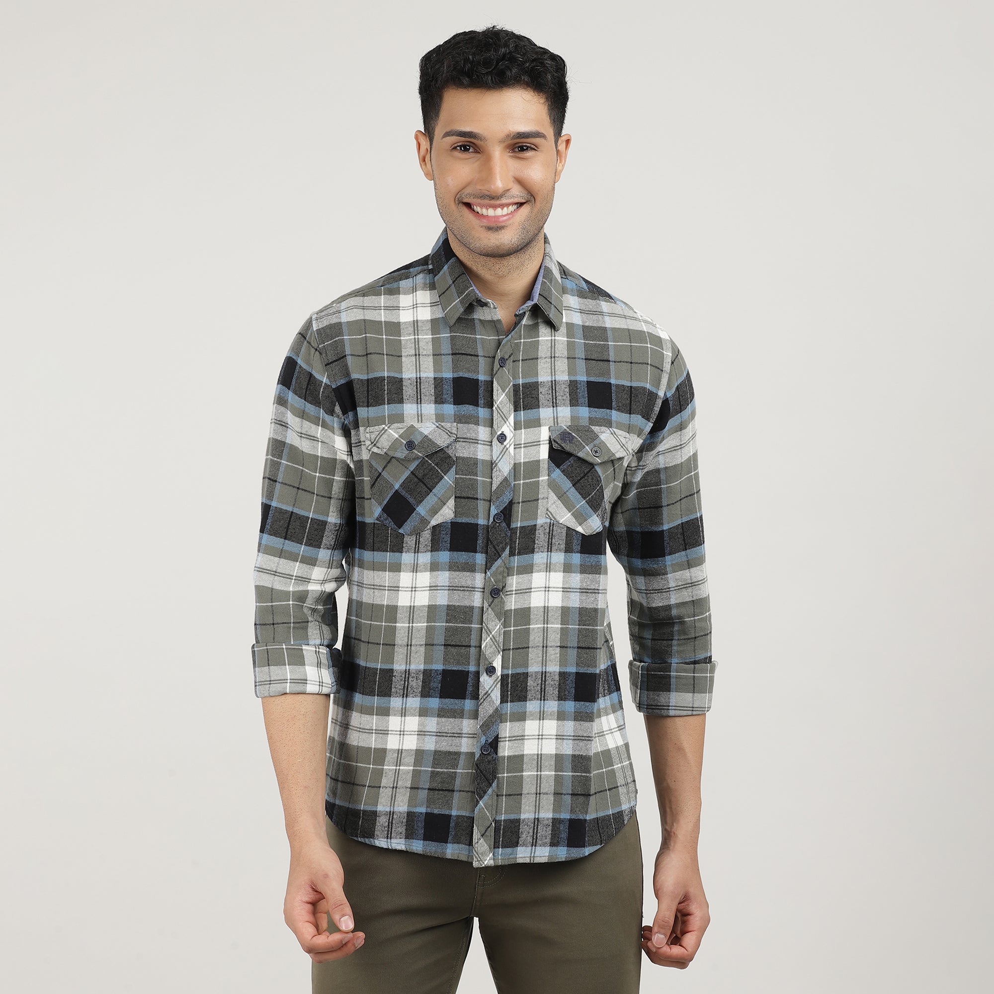 Forest Brushed Checks Shirt With Double Pocket