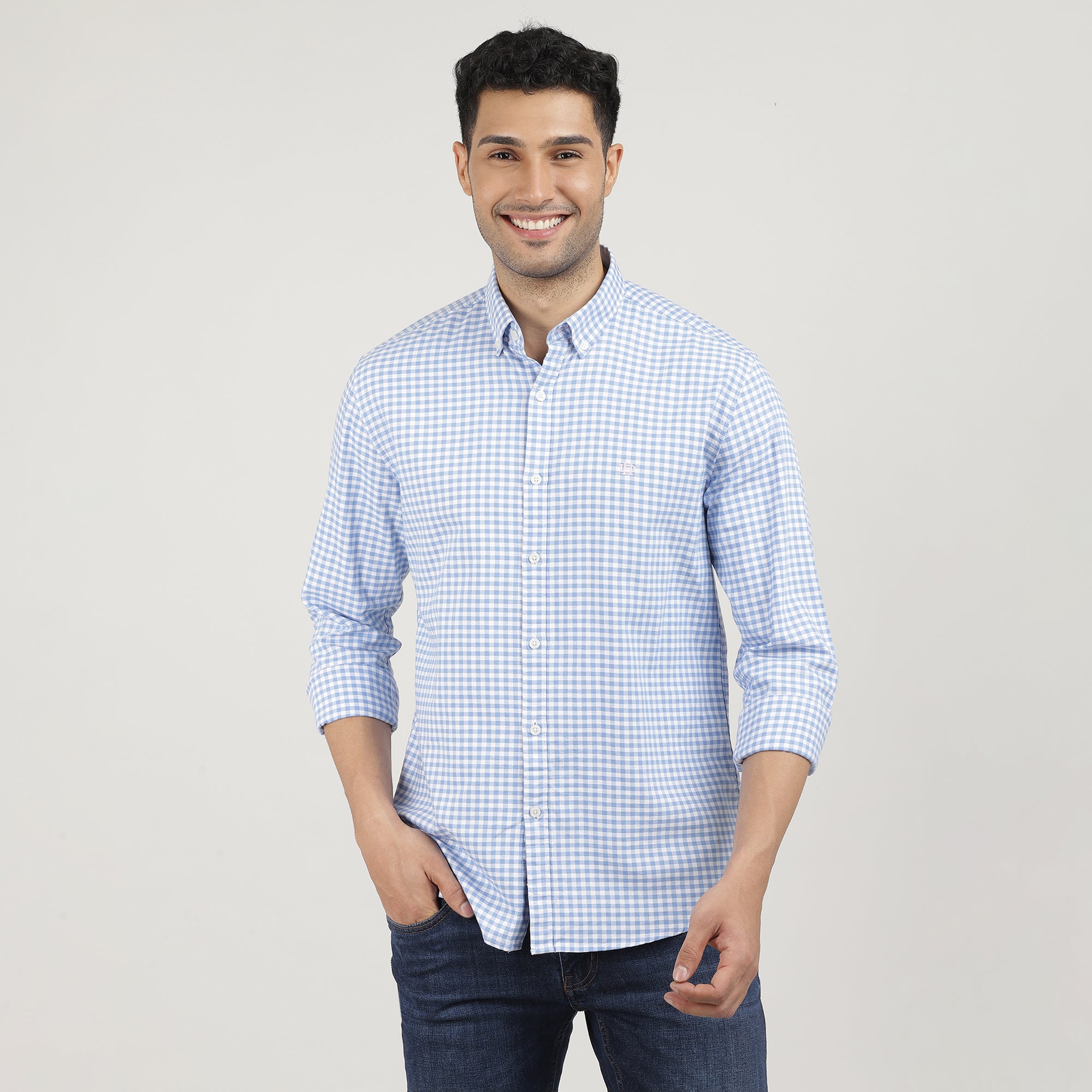 Sky Blue Oxford Gingham Checks Shirt With Button Down Collar