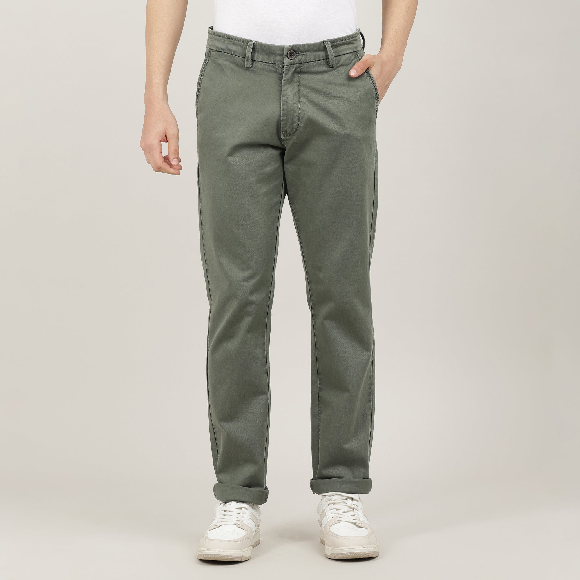 Olive-Washed Cotton Trousers-Slim Tapered Fit