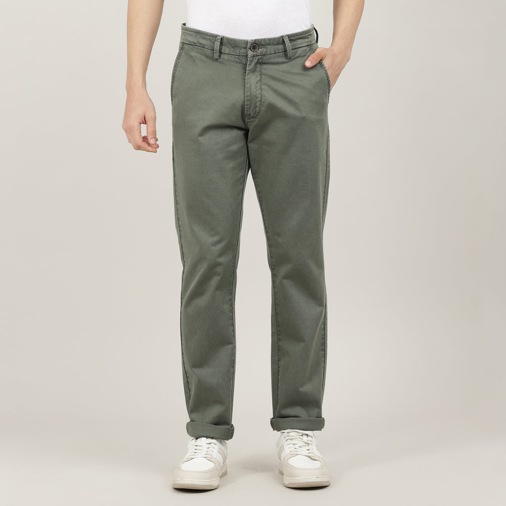 Olive-Washed Cotton Trousers-Slim Tapered Fit