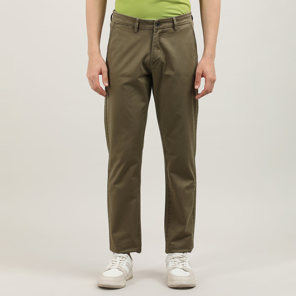 Wood-Washed Cotton Trousers-Slim Tapered Fit