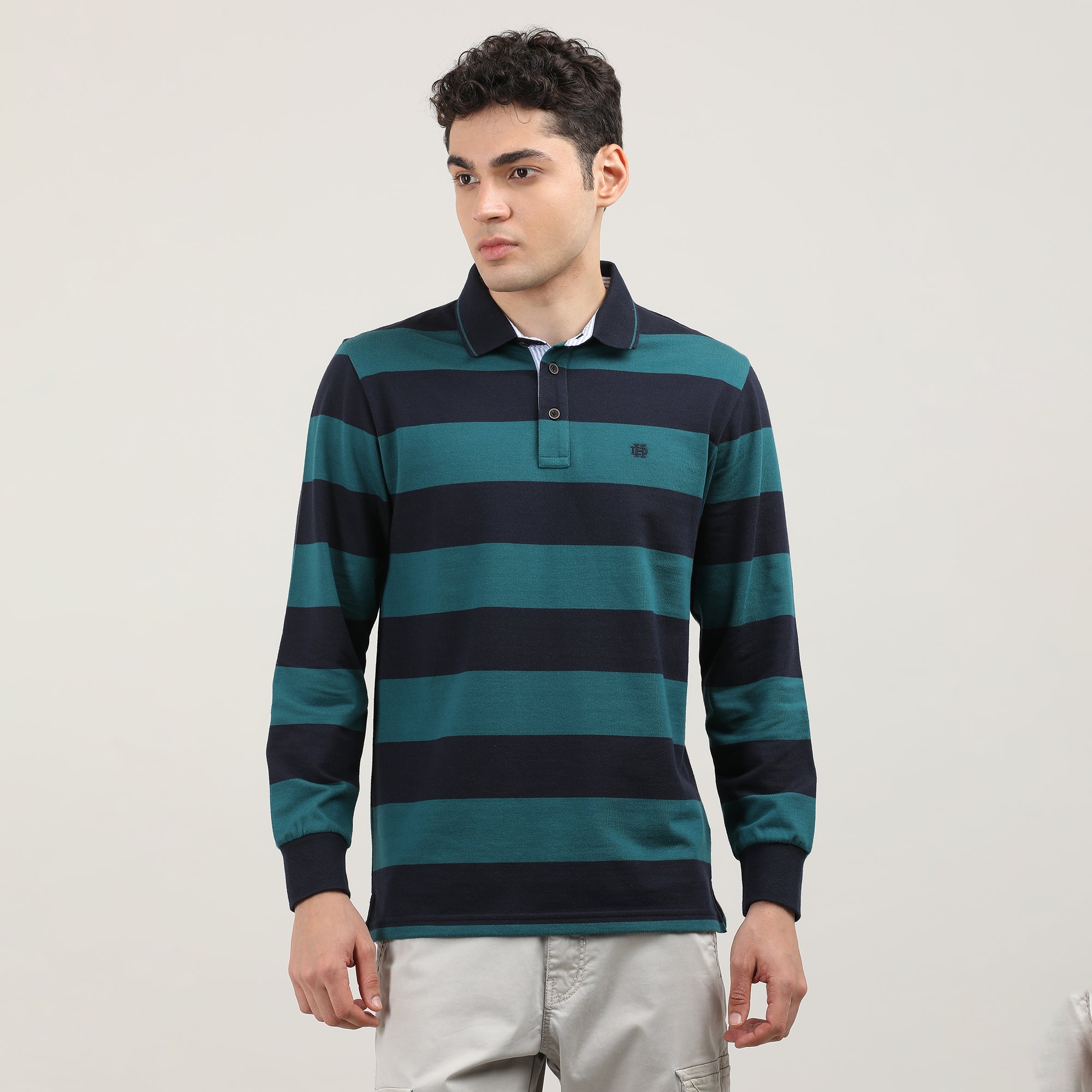 SEA GREEN-FULL SLEEVES-STRIPS-POLO-TSHIRT-AW24