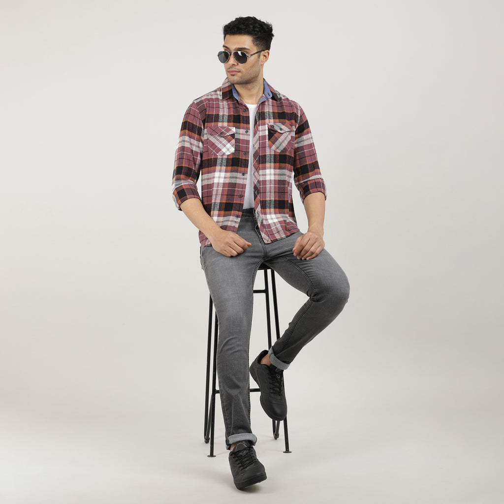 Onion Brushed Checks Shirt With Double Pocket