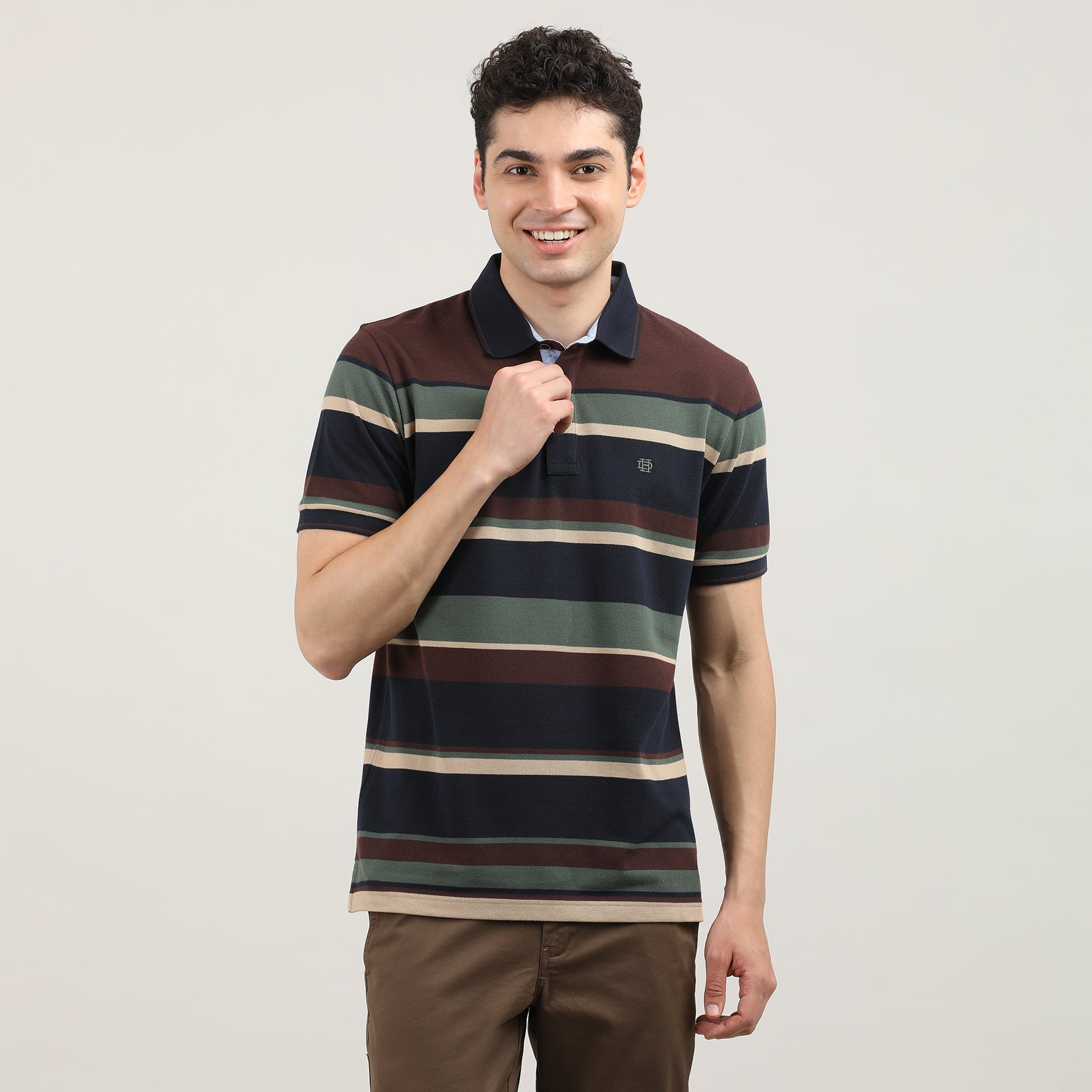 Navy Blue and Brown Pique Striped Polo T-shirt